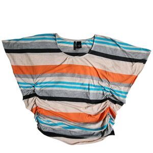 New Directions Orange Gray Multi Color Striped Dolman Sleeve Ruched Top sz S